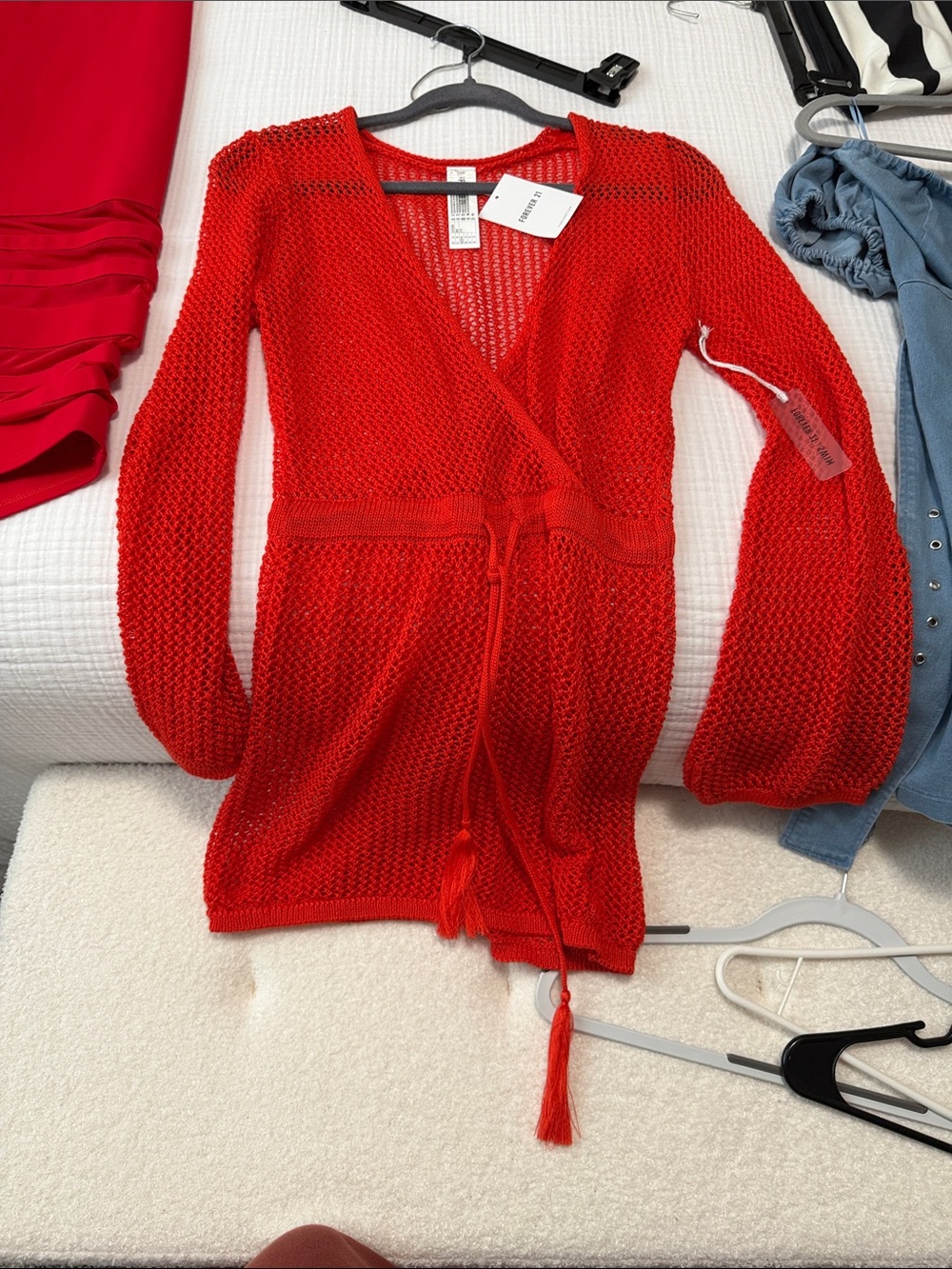 Forever 21 Red Open-Knit Wrap Coverup with Tie Waist